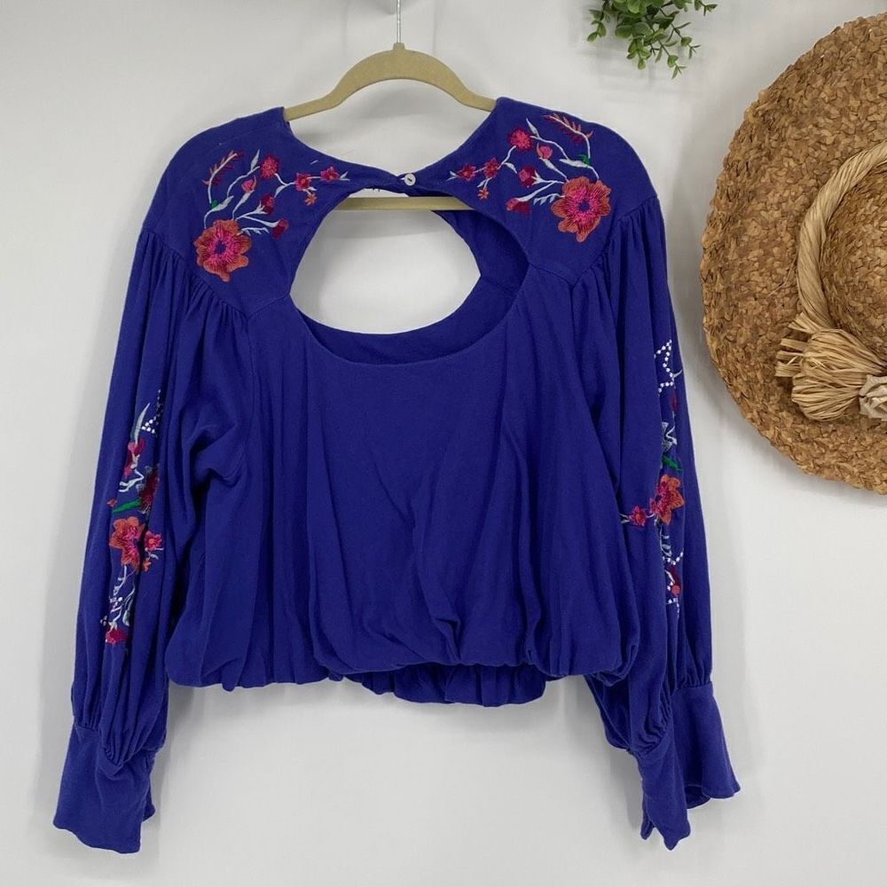 Free People Embroidered Balloon Sleeve Lita Boho Blouse Pullover Small - Picture 11 of 16